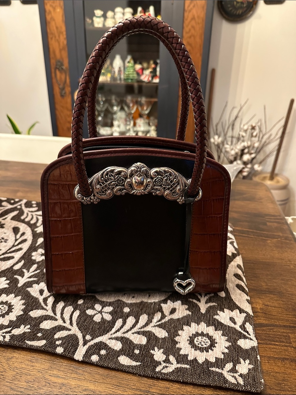 Brighton Two-Tone Brown and Black Croc-Embossed Satchel with Silver Filigree